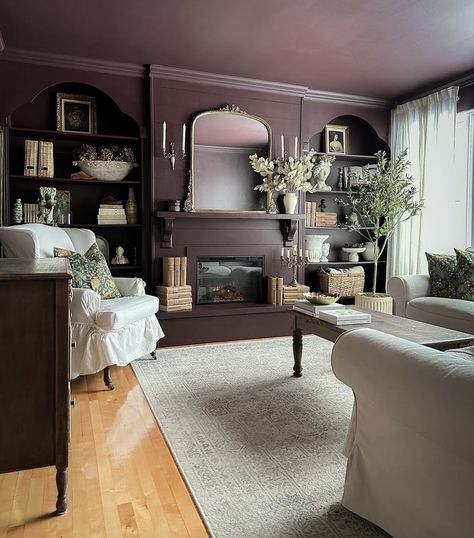 Dark Antique Decor, Dark Plum Dining Room, Dark Mauve Living Room, Moody Plum Living Room, Wine Colored Living Room, Oxblood Living Room, Dark Plum Living Room, Moody Burgundy Living Room, Dark Modern Victorian Interior