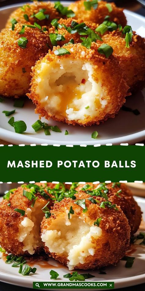 These mashed potato balls are filled with cheese, coated in breadcrumbs, and fried to perfection. A fun, flavorful snack or side dish! Mashed Potato Cheese Balls, Cheesy Potato Balls Recipe, Golden Potato Recipes, Cheesy Potato Balls, Fried Potato Balls, Fried Mashed Potato Balls, Fried Mashed Potatoes, Potato Balls Recipe, Potato Cheese Balls