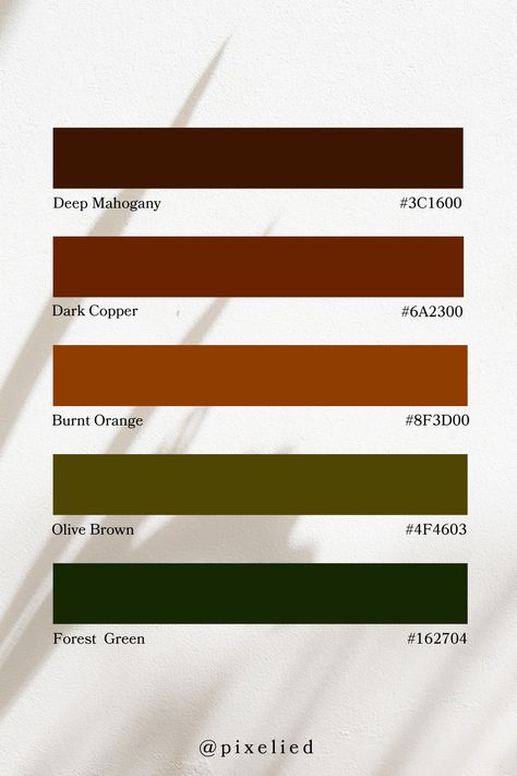 This earthy color palette features deep, rich tones that evoke a sense of warmth and nature. It includes the dark, luxurious hues of deep mahogany and dark copper, the bold burnt orange, the subtle olive brown, and the grounding dark forest green. Perfect for creating a cozy and sophisticated atmosphere. Brick Orange Color Palette, Room Ideas Aesthetic Burnt Orange, Dark Terracotta Color Palette, Orange Earth Tones, Earth Tone Color Palette Green, Copper Green Color Palette, Burnt Orange Colour Scheme, Brown Orange Green Color Palette, Copper Color Combinations