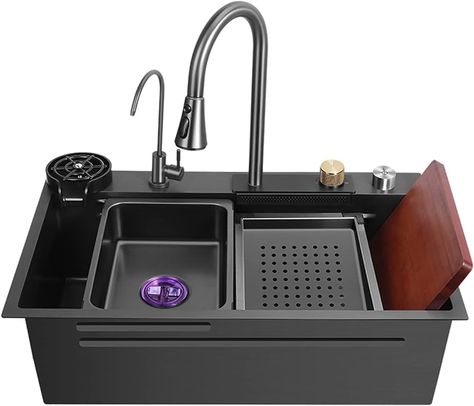 Kitchen Sink,New Stainless Steel Waterfall Sink,Drop In Single Bowl Workstation Sink,With Cup Washer Sinks (Color : Black, Size : 75x46cm) : Amazon.co.uk: DIY & Tools Black Drop In Kitchen Sink, Best Workstation Kitchen Sinks, Waterfall Sink Kitchen, Sink Accessories Kitchen, Waterfall Kitchen Sink, Types Of Kitchen Sinks, Black Sink Kitchen, Smart Sink, Waterfall Sink