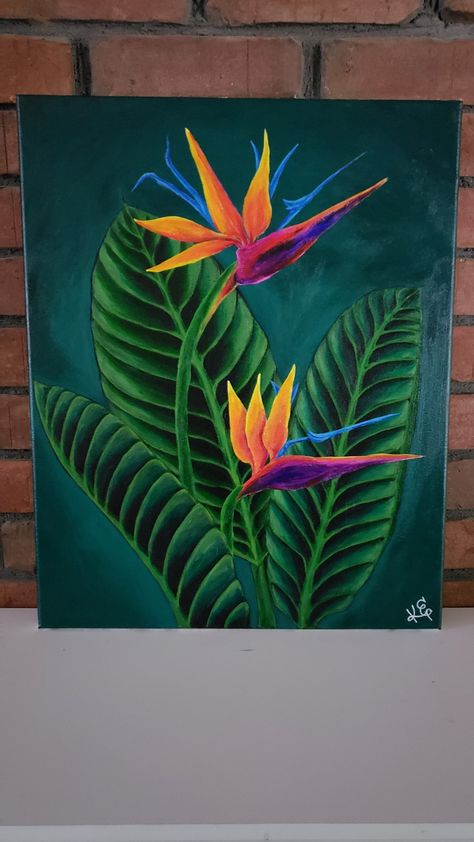 Acrylic Tropical Flower Painting, Tropical Painting Acrylic, Tropical Painting Acrylic Canvases, Tropical Leaf Painting Acrylic, Strelitzia Painting, Tropical Painting Easy, Tropical Canvas Painting, Abstract Tropical Art Paintings, Acrylic Painting Plants