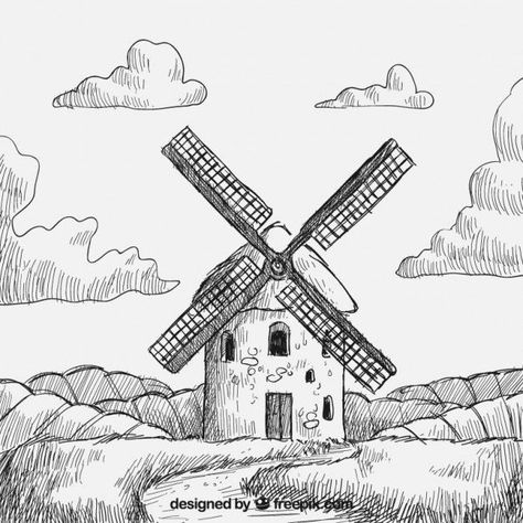 Molino de viento dibujado a mano Vector Gratis Windmill Drawing, Farm Windmill, Old Windmills, Illustration Story, Rural Landscape, Landscape Drawings, Dessin Adorable, Cartoon Icons, Red Barn