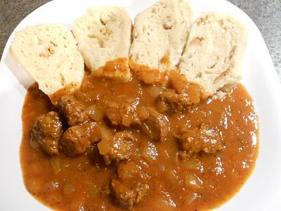 Czech goulash with bread dumplings, from Czech Vegan (in America). This was delish. I was too lazy to make dumplings, so I served it with mashed taters. -KJP Czech Goulash, Vegetarian Goulash, Bohemian Food, Make Dumplings, Hungarian Goulash, Slovak Recipes, Bread Dumplings, European Dishes, Eastern European Recipes