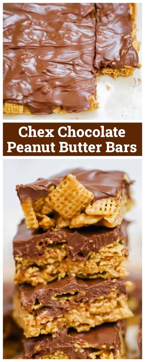 OMG Honey Chex Chocolate Peanut Butter Bars! These no bake OMG Honey Chex Chocolate Peanut Butter Bars are outrageously yummy sweet treats and easy to make!  They're delicious, crunchy bars made with a peanut butter and honey based layer and honey sweetened chex cereal, then it's topped with a rich milk chocolate peanut butter ganache.  #chocolate #bars #honey #chex #nobake #chexbars #peanutbutter #nobakebars #easy Peanut Butter Chocolate Chex Bars, Chex Bars Peanut Butter, Peanut Butter Chex Cereal Recipes, Chex Mix Bars Peanut Butter, Cereal Peanut Butter Bars, Chex Sweet Recipes, No Bake Recipes Dinner, Chex Bars Recipes, Peanut Butter Chex Bars