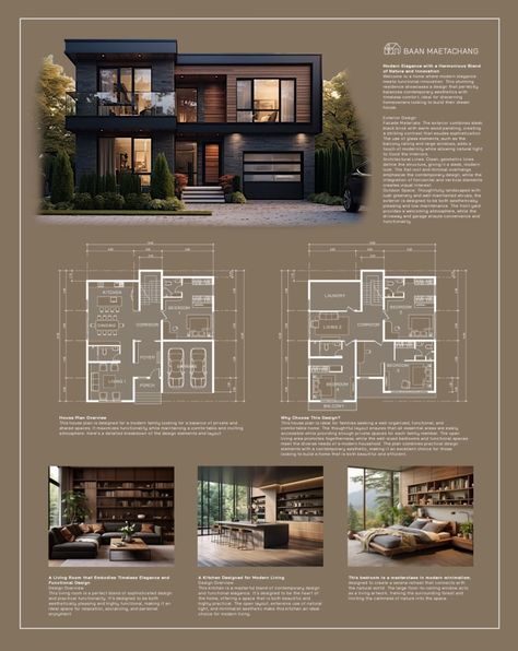 Modern House Exterior And Floor Plan, Villa Glass Modern, Wood Paneling Exterior House, Villa Plan 2 Floor, Modern Exterior Railing, Small Glass House Design, Natural Lighting Architecture, Brick Modern House, Board House Design