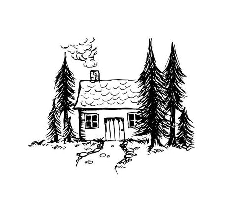 Forest House Drawing, Cabin Tattoo, Cottage Drawing, Forest Sketch, Wood Tattoo, Forest Vector, Cottage Illustration, House In The Forest, Back Drawing