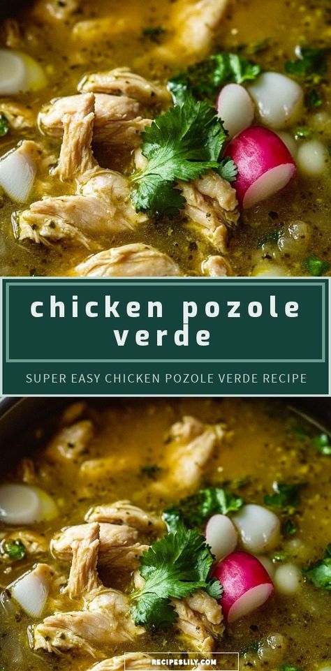 Warm up your dinner table with a bowl of Chicken Pozole Verde! This comforting Mexican classic features tender chicken simmered in a vibrant green sauce made from tomatillos, jalapeños, and fresh herbs. Perfect for chilly evenings or festive gatherings, this dish bursts with flavor and is customizable with your favorite toppings—think avocado, radishes, and cilantro. Discover how to make this delicious recipe that will surely become a family favorite! #ChickenPozoleVerde #MexicanCuisine #ComfortFood Crockpot Chicken Pozole Verde, Mexican Pozole Recipe Chicken, Pozole Recipe Verde, Green Pozole Recipe Chicken, Chicken Pozole Verde Recipe, Easy Pozole Recipe, Chicken Pozole Verde, Pozole Verde Recipe, Green Pozole