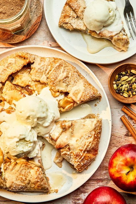 Cozy up with a chai-spiced apple galette! This rustic free-form French tart balances warm spices, seasonal fruit, and a sweet maple glaze. French Tart, Apple Galette, Cream Cheese Topping, Seasonal Fruit, Apple Tart, Maple Glaze, Chai Spice, Fruit In Season, Puddings