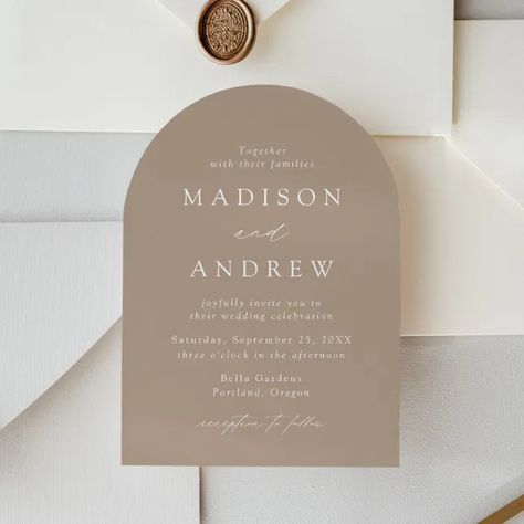 AD: Introduce your wedding with understated elegance using our minimalist and modern wedding invitations, featuring your details in crisp white lettering paired with a refined calligraphy script. Set against a neutral taupe background, these invitations offer a timeless and sophisticated aesthetic. The contemporary arch shape adds a unique and stylish flair, making these taupe wedding invitations ideal for weddings in any season. Taupe Wedding Invitations, Arch Wedding Invitation, Taupe Wedding, Taupe Background, Arch Shape, Arch Wedding, Sophisticated Aesthetic, Sophisticated Wedding, Calligraphy Script