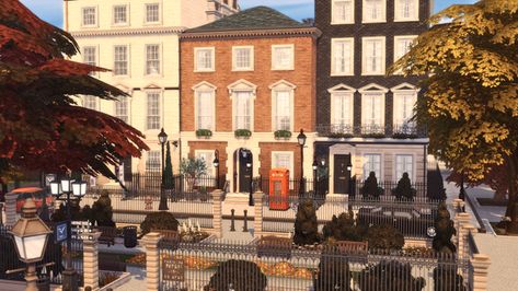 Sims 4 London, Townhouse Sims 4, Autumn Apartment, London Terrace House, Cosy Bathroom, London Townhouse, Apartment Buildings, Sims Building, Rustic Romance