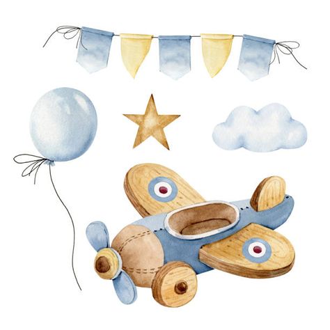 560+ Watercolor Vintage Hot Air Balloon Illustrations, Royalty-Free Vector Graphics & Clip Art - iStock Airplane Birthday Party Decorations, Scrapbook Bebe, Teddy Bear Cartoon, Animal Theme Birthday, Digital Paper Free, Balloon Illustration, Airplane Birthday Party, Baby Boy Cards, Baby Shower Art