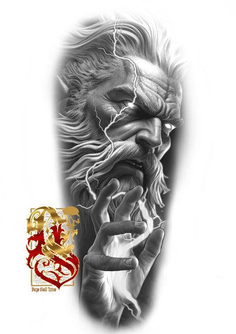 Tattoo Designs Mythology, Zeus Realism Tattoo, Zeus Tattoo Design Sketch, Zues Tattoo Stencil, Poseidon Tattoo Stencil, Zeus Tattoo Design Ideas, Zeus Tattoo Stencil, Realistic Tattoo Design Ideas, Hades Tattoo Design