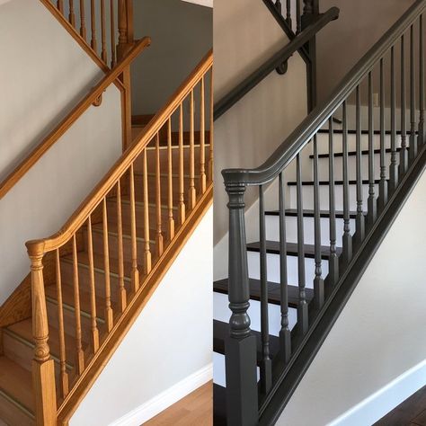 Stair Railing Makeover, Stairs Renovation, Stair Banister, Painted Staircases, Staircase Runner, Stair Makeover, Iron Staircase, Diy Staircase, Stairs Makeover