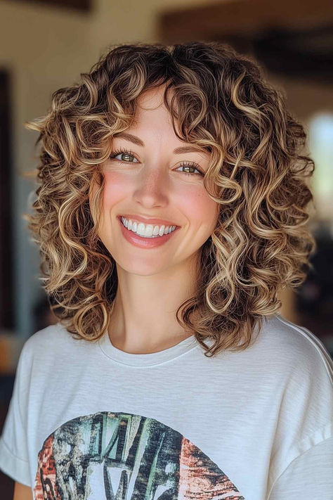 Woman with curly hair and curtain bangs, showcasing a voluminous and playful hairstyle. Curly Hairstyles Bangs Natural Curls, Short Curly Hair With Glasses, Layered Medium Hair With Curtain Bangs, Brown Hair With Beige Highlights, Face Frame Hair Color, How To Style Bangs With Curly Hair, 2024 Curly Hair Trends For Women, Curtain Bangs With Curls, Curly Hair Fringe Bangs