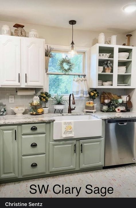 Green Kitchen Cabinets Mobile Home, Farmhouse Cabinet Colors Kitchen, Small Condo Yard Ideas, Kitchen With Less Cabinets, Sage Green Cabnits Kitchen, Kitchen Colors Schemes Farmhouse, Sage Green Kitchen Ideas Farmhouse, Country Kitchen Paint Ideas, Kitchen Colors Schemes For Small Kitchen