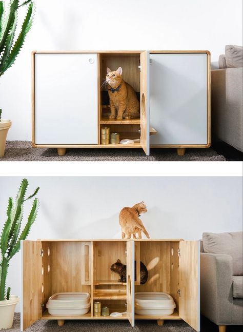 Interior Design With Cats, Functional Cat Furniture, Diy Litter Box Furniture, Liter Box Ideas Hidden, Catification Apartment, Minimalistic Boho Living Room, Cat Apartment Ideas Small Spaces, Diy Cat Litter Box Ideas Hidden, Cat Area In Apartment