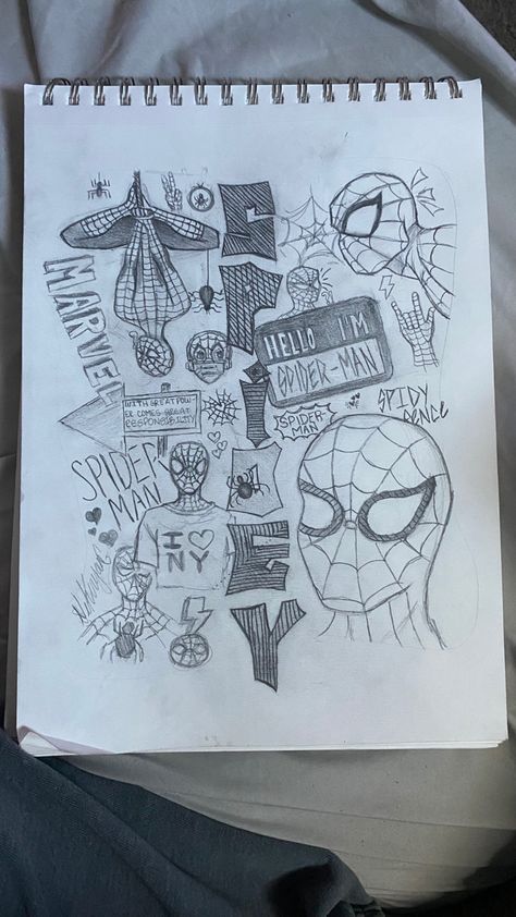 Spiderman Collage Drawing, Things To Draw Spiderman, Depersonalisation Drawing, Spider Man Sketches, Spider Man Drawing Sketches, Spiderman Drawing Sketches, Spiderman Sketchbook, Spider Man Drawings, Spiderman Doodles