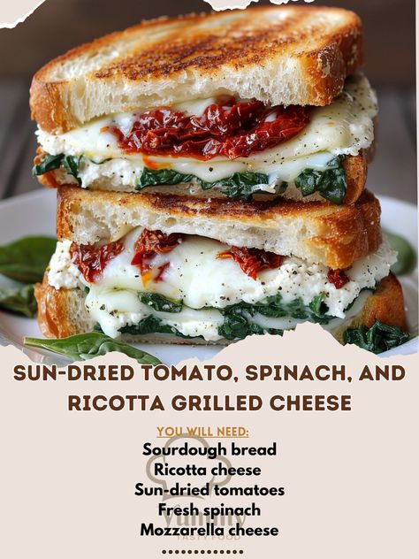 🍅🧀 Try our Sun-Dried Tomato, Spinach, and Ricotta Grilled Cheese! #GrilledCheese #GourmetSandwich Sun-Dried Tomato, Spinach, and Ricotta Grilled Cheese Ingredients: Sourdough bread (4 slices) Ricotta cheese (1/2 cup) Sun-dried tomatoes (1/4 cup, chopped) Fresh spinach (1 cup) Mozzarella cheese (1 cup, shredded) Butter (2 tbsp) Instructions: Spread ricotta cheese on two slices of bread. Layer with sun-dried tomatoes, spinach, and mozzarella cheese. Top with the remaining bread slices. Heat... Ricotta Grilled Cheese, Tomato Mozzarella Sandwich, Beef Shank Stew, Spinach And Mozzarella, Mozzarella Sandwich, Tomato Spinach, Gourmet Grilled Cheese, Spinach And Ricotta, Beef Shank