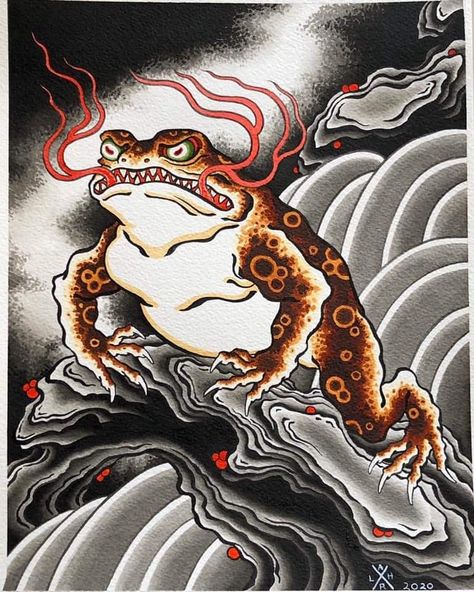 Ukiyoe Tattoo, Traditional Japanese Tattoo Flash, Japanese Leg Tattoo, Frog Tattoos, Japan Tattoo Design, Japanese Drawings, Irezumi Tattoos, Traditional Japanese Tattoos, Old School Tattoo Designs