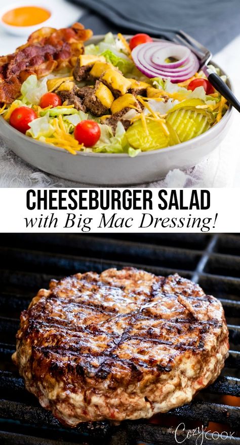 A mouth-watering cheeseburger served over a bed of fresh lettuce, tomatoes, pickles, onions, and crispy bacon. Top if off with homemade Big Mac Dressing and you won't even miss the bun! #cheeseburger #salad #lowcarb #keto #bigmacsauce #mcdonalds #burger #protein #lettuce #vegetables #bacon Hamburger Salad Bowl, Hamburger Salad Recipes, Cheeseburger Salad Bowl, Big Mac Dressing, Hamburger Salad, Pickles Onions, Mac Salad Recipe, Cheeseburger Salad, Homemade Big Mac