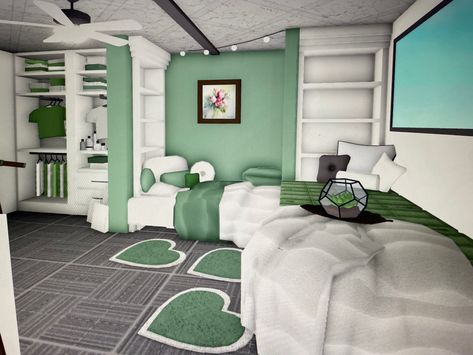 Bloxburg Green Room Ideas, Green Bedroom Bloxburg, Green Astethic Room Ideas, Sage Green Bloxburg Bedroom, Green Bloxburg Bedroom, Green Bloxburg House, Bloxburg Green Wallpaper Codes, Cute Green Bedroom, Green Decals Bloxburg