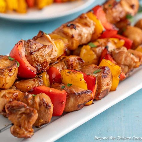 Teriyaki Chicken Skewers Jerk Chicken Skewers, Teriyaki Skewers, Stuffed Bell Peppers Chicken, Teriyaki Chicken Skewers, Caribbean Chicken, Chicken Fajita Casserole, Chicken Skewer Recipe, Grilled Teriyaki Chicken, Skewer Recipes