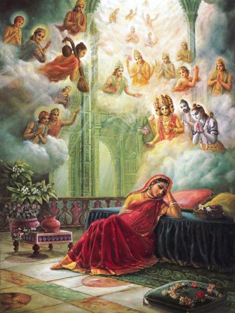 Prayers by the Demigods-when the Supreme Personality of Godhead entered the womb of Devakī to kill Kaṁsa, all the demigods understood that the Lord was living within Devakī’s womb, and therefore in veneration they offered Him the Garbha-stuti prayers. Krishna Birth, Yashoda Krishna, Krishna Lila, Krishna Hindu, Radha Krishna Wallpaper, Hinduism Art, Vedic Art, Lord Krishna Wallpapers, Krishna Radha Painting