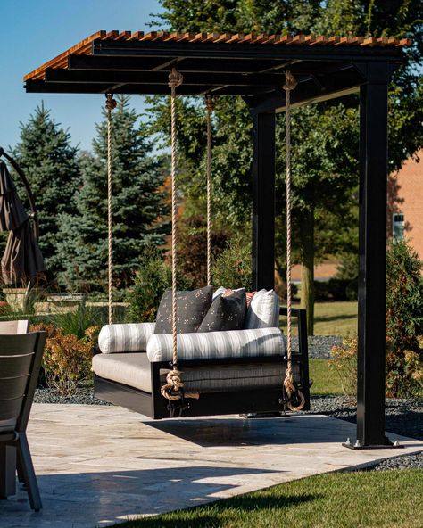 swinging into the new week with new ideas and fresh eyes. 🌞 Swings By Pool, Outdoor Fireplace Pergola Backyard Ideas, Pergola Ideas With Swings, Outdoor Swings For Adults Backyards, Backyard Swings For Adults, Backyard Summer Ideas, Outdoor Swings For Adults, Yard Swings, Patio Swings