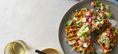 via @forksoverknives Falafel Waffles, Riced Broccoli, Falafel Waffle, Forks Over Knives, Cooking Courses, Free Meal Plans, Tahini Sauce, Vegetarian Meals, Tomato Salad