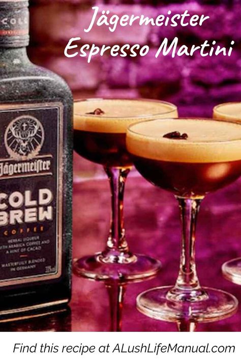 A delicious cocktail recipe! This time it's Jägermeister Espresso Martini in a simple cocktail recipe that shows off its new expression - Cold Brew Coffee. Jagermeister Cold Brew Recipes, Jagermeister Drinks, Cold Brew Recipe, Coffee With Alcohol, Drink Specials, Coffee Drink Recipes, Coffee Cocktails, Martini Recipes, Martini Cocktail