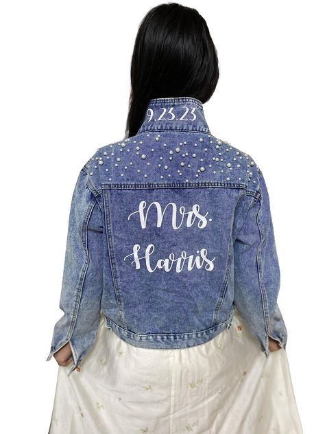 PRICES MAY VARY. Personalized bride jean jacket for wedding: Custom titles, names and ANY TEXT on the collar or back Fabric cotton polyester blend; The text of this customized wifey jacket for wedding are made with Heat Transfer Printing Customized women Denim Jacket is perfect for your upcoming wedding ,honeymoon, Bachelorette party, Bridal Showers, Bridal Trip, Birthday Parties, Valentines Day, and ANY EVENTS! ABOUT SIZE:This pearl denim jacket is designed short but not a crop top type, it may Denim Bride Jackets, Denim Cowgirl Bachelorette, Denim Jacket With Pearls, Bridal Jean Jacket, Mrs Denim Jacket, Bride Jean Jacket, Sparkly Jacket, Customized Denim, Bedazzled Jeans