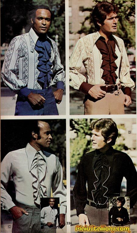 "This shirt needs a pair of clip on ruffles," said no man, straight or gay, ever. 70s Ruffle Shirt Men, 70s Ruffle Shirt, Mens Ruffle Shirt, 70s Mens Clothes, 1970s Mens Fashion, 70s Mens Fashion, Big Shirts, Ugly Clothes, 1970 Fashion