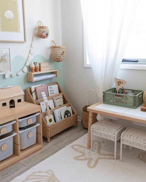 14 Coastal Playroom Decor Ideas » Lady Decluttered Coastal Playroom Ideas, Playroom Set Up Ideas, Playroom Office Combo Ideas, Coastal Playroom, Tiny Playroom, Small Playroom Ideas, Playroom Setup, Wooden Toy Storage, Modern Kids Playroom