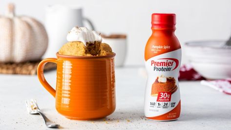 Pumpkin Pie Mug Cake | Premier Protein Protein Pumpkin Pie, Pumpkin Protein Shake, Premier Protein Shakes, Protein Mug Cakes, Pumpkin Protein, Mug Cake Recipe, Mug Cakes, Healthier Desserts, Premier Protein