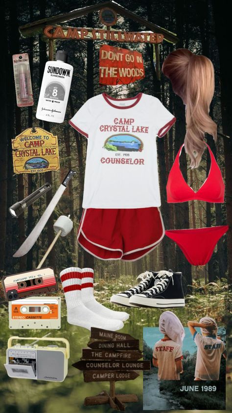 70s 80s Slasher Summer Camp Aesthetic Slasher Summer Camp, Summer Camp Wallpaper, 80s Slasher Summer, 70s Summer Camp, Summer Camp Aesthetic Outfits, Camp Counselor Outfit, Camp Tshirt Designs, Cryptidcore Outfit, 80s Summer Outfits