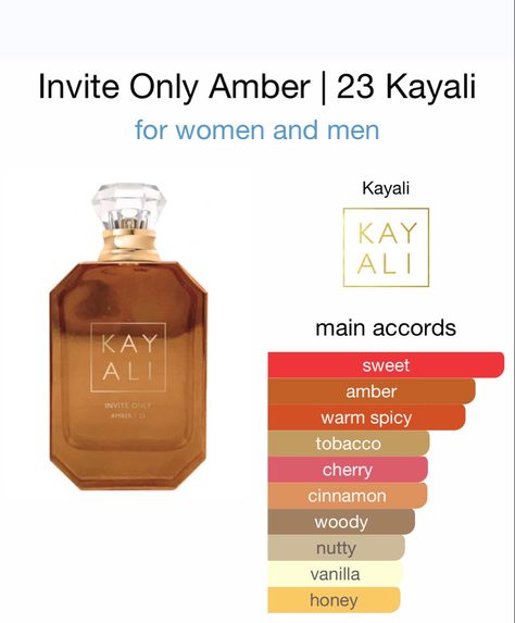 Invite Only Amber | 23 Kayali for women and men Kayali Invite Only, Kayali Invite Only Amber 23, Best Amber Perfumes, Amber Vanilla Perfume, How To Smell Like Amber, Woody Perfume For Women, Spice Perfume, Perfume Layering, Amber Perfume