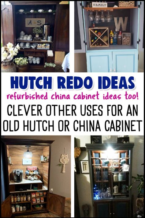 Other Uses For Dining Room, Hutch Makeover Coffee Bar, Dining Room Hutch Makeover, China Cabinet Ideas, Old Hutch Makeover Ideas, Hutch Cabinets, Repurposed China Cabinet, Coffee Bar Hutch, Hutch Redo