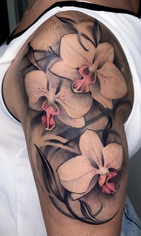 80+ Orchid Tattoos: Meanings, Tattoo Designs & Ideas Large Orchid Tattoo, Orhidee Flowers Tattoo, Orchids Tattoos For Women, Catalaya Orchid Tattoos, Orchid Sleeve Tattoo, Black And White Orchid Tattoo, Orchid Tattoo Men, White Orchid Tattoo, Orchid Tattoos For Women