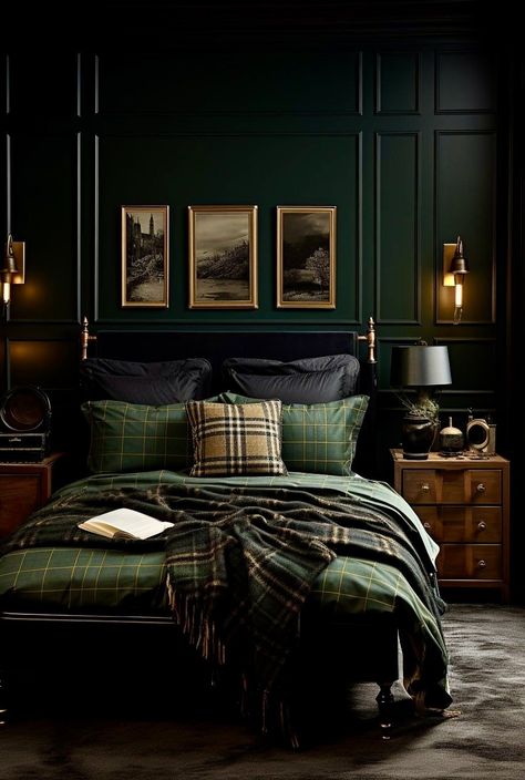 Moody Apartment Aesthetic, Dark Academia Interior Design, Academia Interior Design, Modern Dark Academia, Posh Pennies, Dark Academia Bedroom Ideas, Slytherin Room, Academia Green, Academia Interior