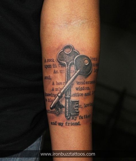 This tattoo is really special....and small (4 inches x 4 inches). Aditi got this tattoo on her forearm in memory of her Dad. After spending a lot of time brain storming, we realized Aditi's dad would always, ALWAYS carry a bunch of keys wherever he went.  The keys are a tribute to him and a short poem in the background to say how much Aditi loves her Dad.  Tell us what you think. Forearm Name Tattoos, Poem Tattoo, Model Tattoos, Rib Tattoos For Guys, Hard Tattoos, Brain Storming, Short Poem, Key Tattoos, Key Tattoo