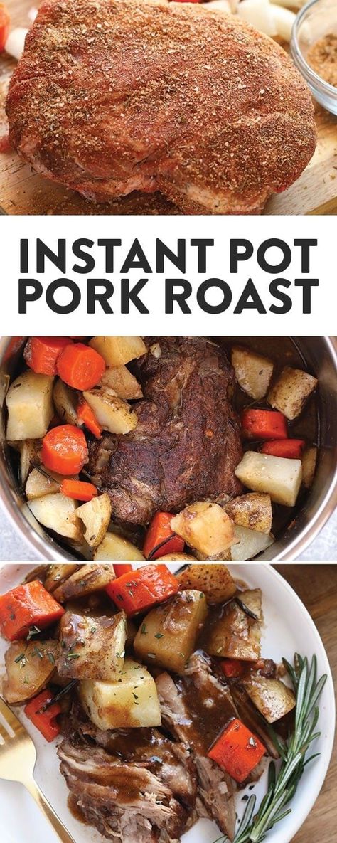 When in doubt, make a pork roast! This Instant Pot Pork Roast recipe has saved the day multiple times when I've been in a pinch. Throw a pork shoulder, carrots, and potatoes in the Instant Pot and you have a healthy homemade meal in only 90 minutes. Did I mention that the pork is tender and falls apart when you cut into it? It's THAT good. Instant Pot Pork Roast Recipe, Instant Pot Roast, Potatoes In The Instant Pot, Pork Roast Recipe, Fit Foodie Finds, Pork Roast Recipes, Pork Shoulder Roast, Instant Pot Pork, Fit Foodie