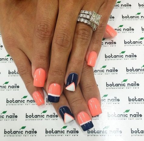 Cute nail design Blue Coral Nails, Coral And Blue Nails, Wedding Nails Toes, Wedding Pedicure Ideas, Trendy Wedding Nails, Navy Nail Art, Nails With Tips, Wedding Pedicure, Coral Nails With Design