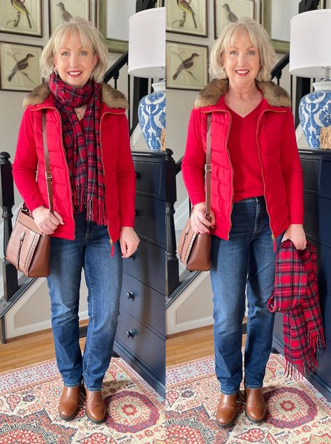 Coastal Grandmother Outfits, Talbots Outfits, Buffalo Plaid Cardigan, Red Cashmere Sweater, Dressed For My Day, Red And Black Outfits, Red Plaid Scarf, Movie Inspired Outfits, Hallmark Movie