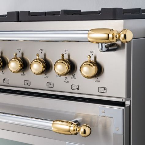 Gold décor set for Range and Hood | Bertazzoni Range And Hood, Bertazzoni Range, Gold Knobs, Copper Decor, Burner Covers, Range Cooker, Family Table, Large Appliances, Gold Copper