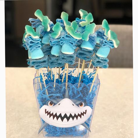 Shark Candy Kabobs🦈 Thanks for the candy @ourcandyrox #sharktheme #sharkparty #sharkcandy #sharkgummies #sourbelts #sourrings #10thbday… Shark Gummies, Shark Candy, Surf Birthday Party, Candy Kabobs, Ocean Birthday Party, Shark Themed Birthday Party, Shark Cake, Ocean Birthday, Shark Birthday Party