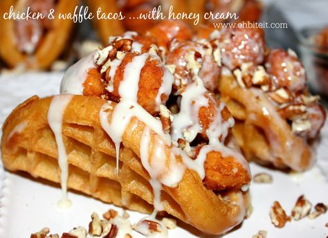 ~Chicken & Waffle Tacos.. with honey cream! Chicken Bacon Flatbread, Asian Chicken Tacos, Grilled Shrimp And Pineapple, Firecracker Shrimp Tacos, Waffle Tacos, Bacon Tacos, Fruit Taco, Baja Tacos, Waffle Taco