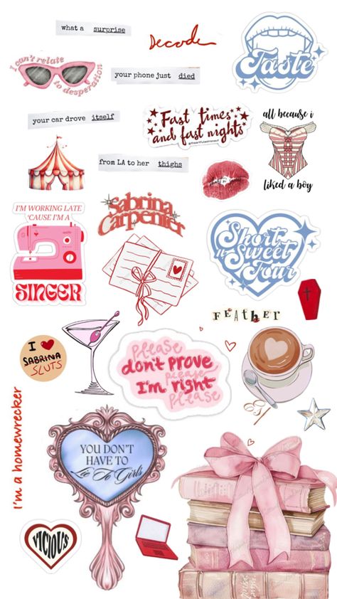 Girly Aesthetic Stickers, Sabrina Carpenter Collage Wallpaper, Sabrina Carpenter Scrapbook, Cute Stickers Printable For Journal, Cute Journal Stickers Printable, Sabrina Carpenter Journal, Sabrina Carpenter Stickers Printable, Mood Stickers Printable, Sabrina Carpenter Tattoo