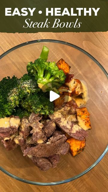 ASHLEY BELL on Instagram: "Quick and easy healthy recipe: STEAK BOWLS 🥩   Ingredients 🌿  • steak • sweet potatoes • Broccoli • Paprika • Cumin • Garlic Powder • Parsley • Salt and Pepper  1. Preheat oven to 400 or use airfryer 2. Dice up sweet potatoes and season with all the seasonings 3. Roast in oven for 25 minutes (flip half way) or air fry for  8-12 minutes. 4. Season steak to liking 5. Sautée broccoli with water that covers just the bottom, olive oil, salt, and garlic. Cover and steam for 8-10 minutes 6. Grill or sautée steaks to liking 7. Put in a bowl and top with Spicy Ranch (the dip version at Whole Foods in the refrigerated section is my favorite or the Primal Kitchen Spicy Ranch)  Enjoy!!  #healthyrecipeshare #easyrecipeideas #quickrecipeideas #motherhoodintheraw #motherhoodi Steak Sweet Potato Bowl, Steak Bowls Healthy, Season Steak, Steak Bowls, Roast In Oven, Lite Meals, Healthy Steak, Spicy Ranch, Potatoes Broccoli