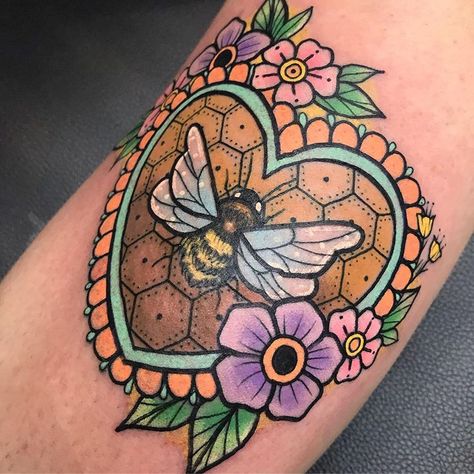 Loving all these Bee tattoos lately🐝💛 #tattoo #tattoos #tattooart #tattoolife #tattoolove #traditionaltattoo #traditional #girlswithink… Traditional Honeycomb Tattoo, American Traditional Bee Tattoo, Traditional Bee Tattoo, Cute Bee Tattoo, Queen Bee Tattoo, Bee Tattoos, Honey Bee Tattoo, Honeycomb Tattoo, Fun Tattoos