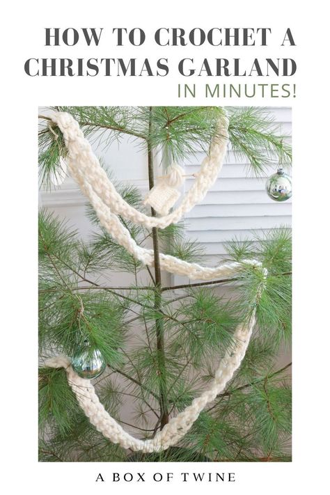 Quick Crochet pattern - check out this easy crochet Christmas garland pattern. Hang the yarn garland on your Christmas tree, banister, or mantel. It takes minutes to make! #crochetgarland #christmasgarland #easycrochet Knit Christmas Tree Garland, Easy Crochet Christmas Garland, Crocheted Christmas Tree Garland Free Pattern, Crochet Chain Garland, Simple Crochet Garland, Crocheted Christmas Tree Garland, Crochet Garland For Christmas Tree, Chunky Crochet Garland, Christmas Garland Crochet Patterns Free